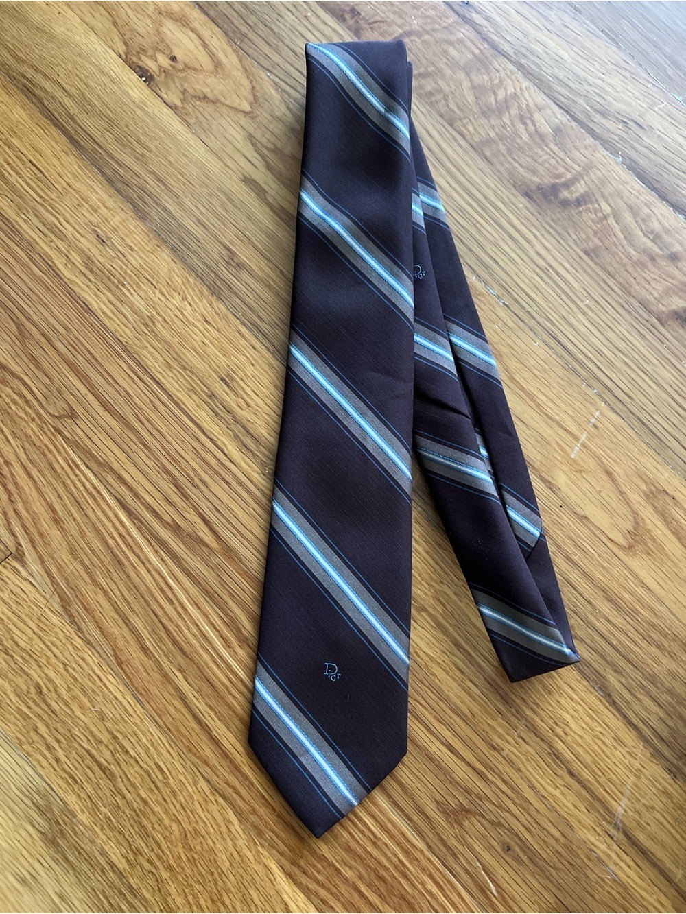 Christian Dior Made in Italy Brown Silk Tie with Blue Stripes